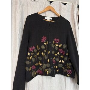 Rebecca Stone‎ Black Floral Embroidered Ramie Cotton Cardigan Sweater Large